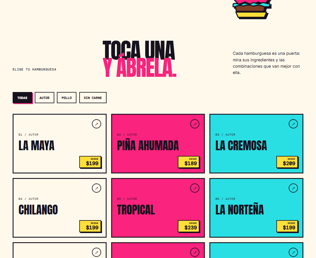Tarjetas clicables del Menú Interactivo con categorías, platillos y precios